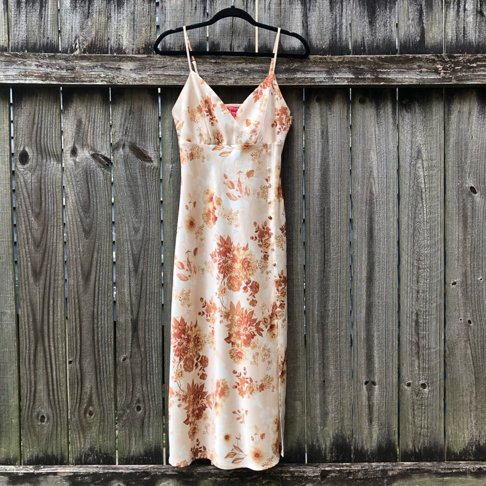 Guess Satin Slip Dress Cream Rust Floral Asian Inspired Buttons Side Slit
